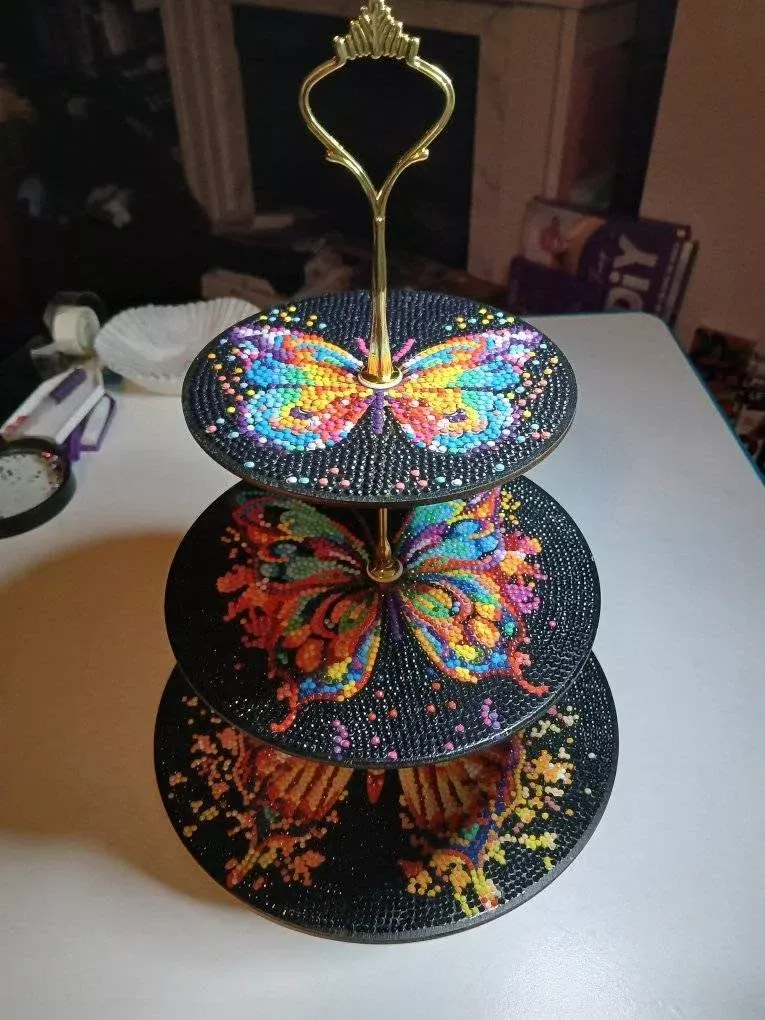 Butterfly cake stand covered in diamond art, a custom home décor gift by Liz