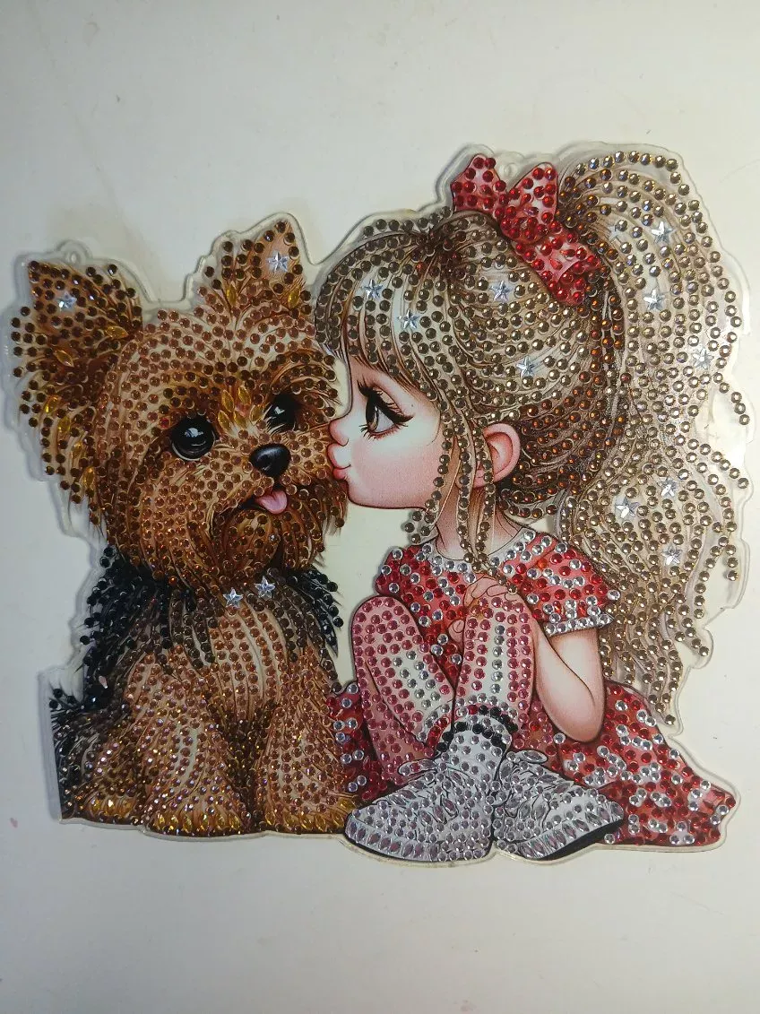 Custom portrait diamond painting of a girl and her Yorkie, handmade by Liz